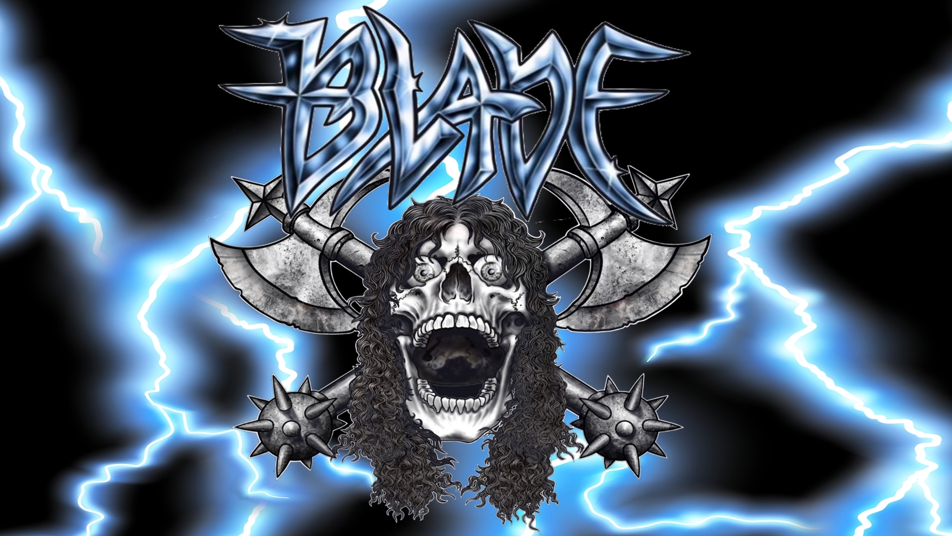 BLADE artwork with chrome logo, skull, axes and blue lightning